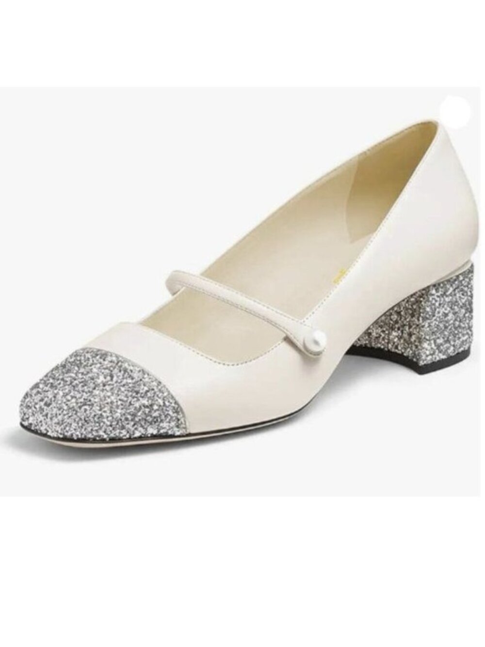 Women's Cap Toe Slip On Pumps Pearls Low Chunky Heel Mary Jane Shoes White